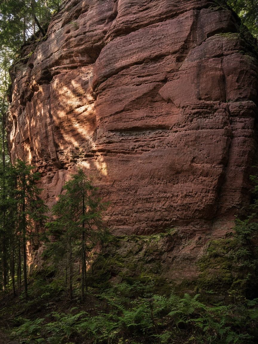 Hohe rote Sandsteinwand mit Kiefern am Fuß im Pfälzerwald