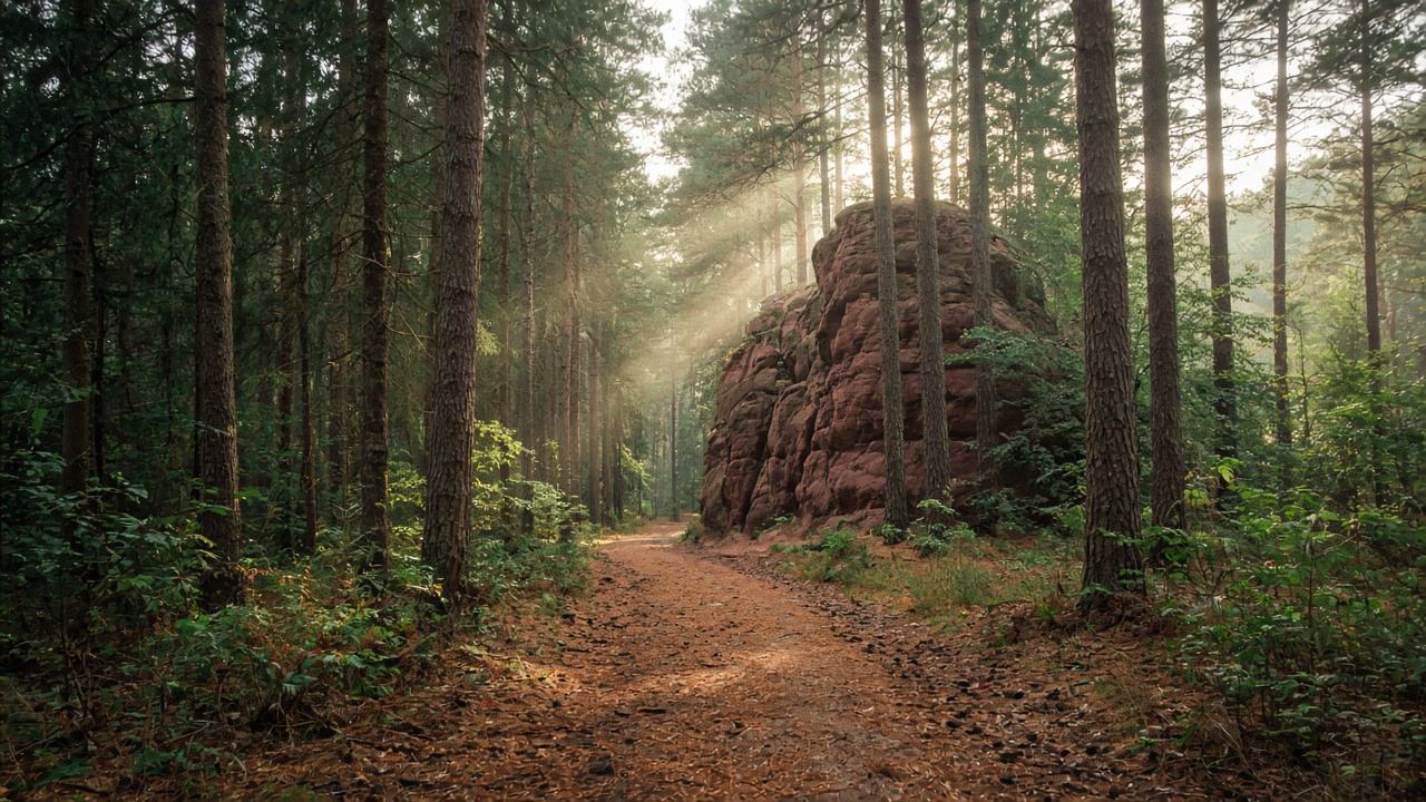 Waldweg mit Nadelstreu und Sandsteinplatten im Pfälzerwald
